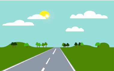 Yeşil alan, boş yol. Yaz güneşli bir gün.