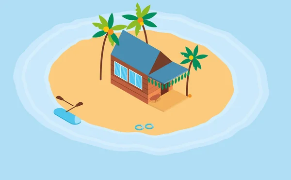 Casa de madera isométrica junto al mar cerca de palmeras. — Vector de stock