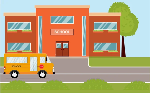 School building in cartoon style. Modern school with a bus and a front yard. — Stock Vector