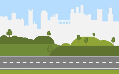 Şehir arka planında dümdüz boş bir yol. Yeşil tepeler, çayır. Yaz manzarası