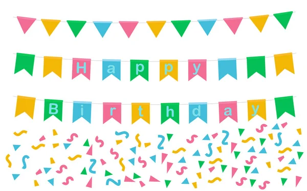 Шаблон с разноцветными флагами, конфетти, поздравления с днем рождения — стоковый вектор