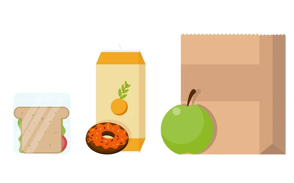 在学校为孩子们提供午餐。纸制午餐袋、三明治、果汁、苹果和甜甜圈 — 图库矢量图片