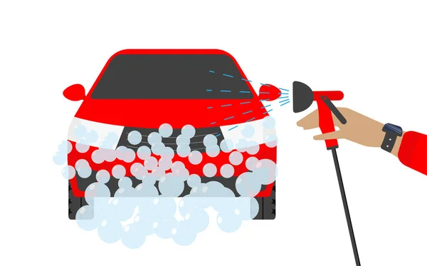 Banner for a car wash. Man washing car vector illustration. Car wash concept with red sports car. — Stock Vector