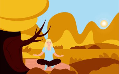 Sonbahar Manzarası Sıcak Hava Durumu Ağacın Altında Oturan Genç Kız Yoga Sağlıklı Yaşam Tarzı Yapıyor