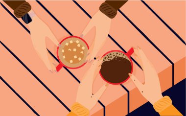 İki arkadaş kahve içer. Masanın üst görüntüsü. Kadınlar sonbahar ve kışın arkadaşlıktır..