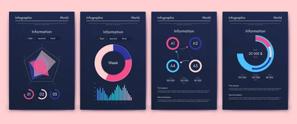 ビジネスパンフレットのための現代的なインフォグラフィックベクトル要素 ウェブサイト 企業のパンフレット マーケティングでの使用 円グラフ 折れ線グラフ 棒グラフ タイムライン — ストックベクタ