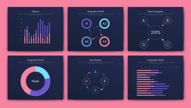İş broşürleri için modern bilgi vektör unsurları. Web sitesinde, şirket broşürlerinde, reklamlarda ve pazarlamada kullanın. Pasta grafikleri, çizgi grafikleri, çubuk grafikleri ve zaman çizgileri.