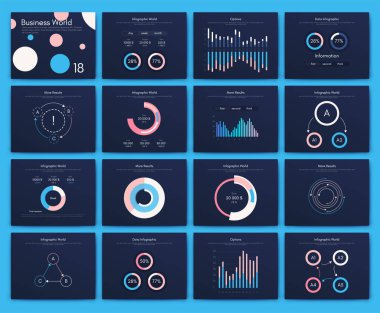 İş broşürleri için modern bilgi vektör unsurları. Web sitesinde, şirket broşürlerinde, reklamlarda ve pazarlamada kullanın. Pasta grafikleri, çizgi grafikleri, çubuk grafikleri ve zaman çizgileri.