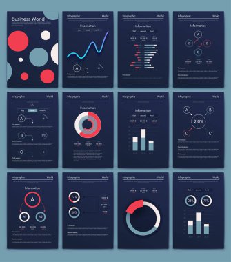 İş broşürleri için modern bilgi vektör unsurları. Web sitesinde, şirket broşürlerinde, reklamlarda ve pazarlamada kullanın. Pasta grafikleri, çizgi grafikleri, çubuk grafikleri ve zaman çizgileri.