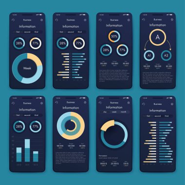 İş broşürleri için modern bilgi vektör unsurları. Web sitesinde, şirket broşürlerinde, reklamlarda ve pazarlamada kullanın. Pasta grafikleri, çizgi grafikleri, çubuk grafikleri ve zaman çizgileri.