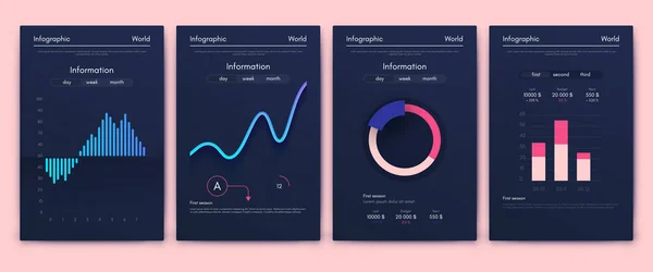 ビジネスパンフレットのための現代的なインフォグラフィックベクトル要素 ウェブサイト 企業のパンフレット マーケティングでの使用 円グラフ 折れ線グラフ 棒グラフ タイムライン — ストックベクタ