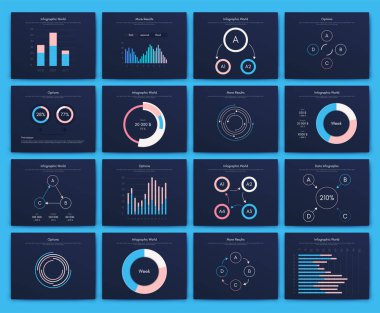 İş broşürleri için modern bilgi vektör unsurları. Web sitesinde, şirket broşürlerinde, reklamlarda ve pazarlamada kullanın. Pasta grafikleri, çizgi grafikleri, çubuk grafikleri ve zaman çizgileri.