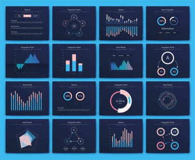 İş broşürleri için modern bilgi vektör unsurları. Web sitesinde, şirket broşürlerinde, reklamlarda ve pazarlamada kullanın. Pasta grafikleri, çizgi grafikleri, çubuk grafikleri ve zaman çizgileri.