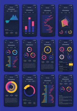 İş broşürleri için modern bilgi vektör unsurları. Web sitesinde, şirket broşürlerinde, reklamlarda ve pazarlamada kullanın. Pasta grafikleri, çizgi grafikleri, çubuk grafikleri ve zaman çizgileri.