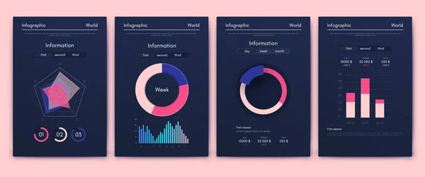 ビジネスパンフレットのための現代的なインフォグラフィックベクトル要素 ウェブサイト 企業のパンフレット マーケティングでの使用 円グラフ 折れ線グラフ 棒グラフ タイムライン — ストックベクタ