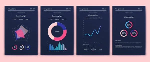 ビジネスパンフレットのための現代的なインフォグラフィックベクトル要素 ウェブサイト 企業のパンフレット マーケティングでの使用 円グラフ 折れ線グラフ 棒グラフ タイムライン — ストックベクタ