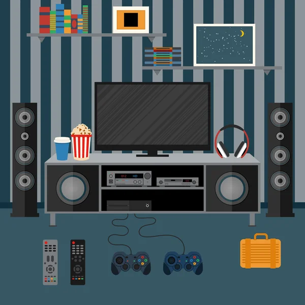 Apartamento de ilustración vectorial con cine en casa. Ejemplo f — Vector de stock