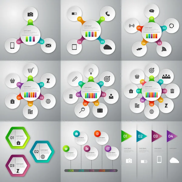 Un ensemble d'illustrations d'infographies. Modèles pour 3, 4, 5 , — Image vectorielle