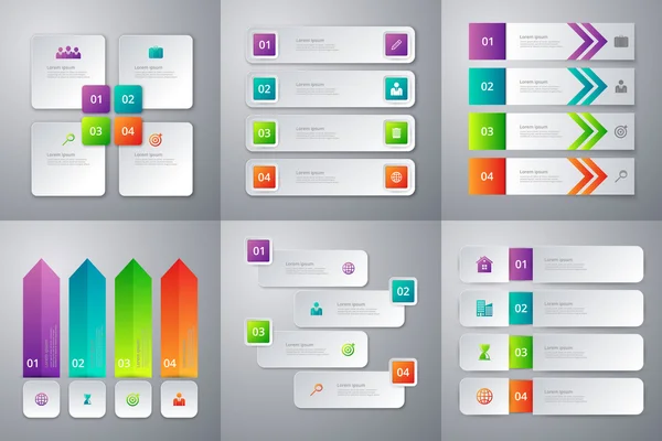 Infográficos de ilustração vetorial. Conjunto de seis modelos coloridos —  Vetores de Stock