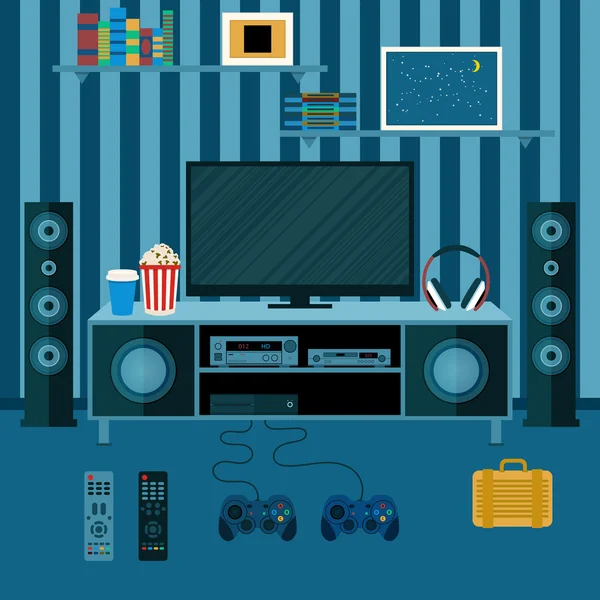 Vector εικονογράφηση διαμέρισμα με ένα σύστημα οικιακού κινηματογράφου. εικονογράφηση επίπεδη τηλεόραση — Διανυσματικό Αρχείο