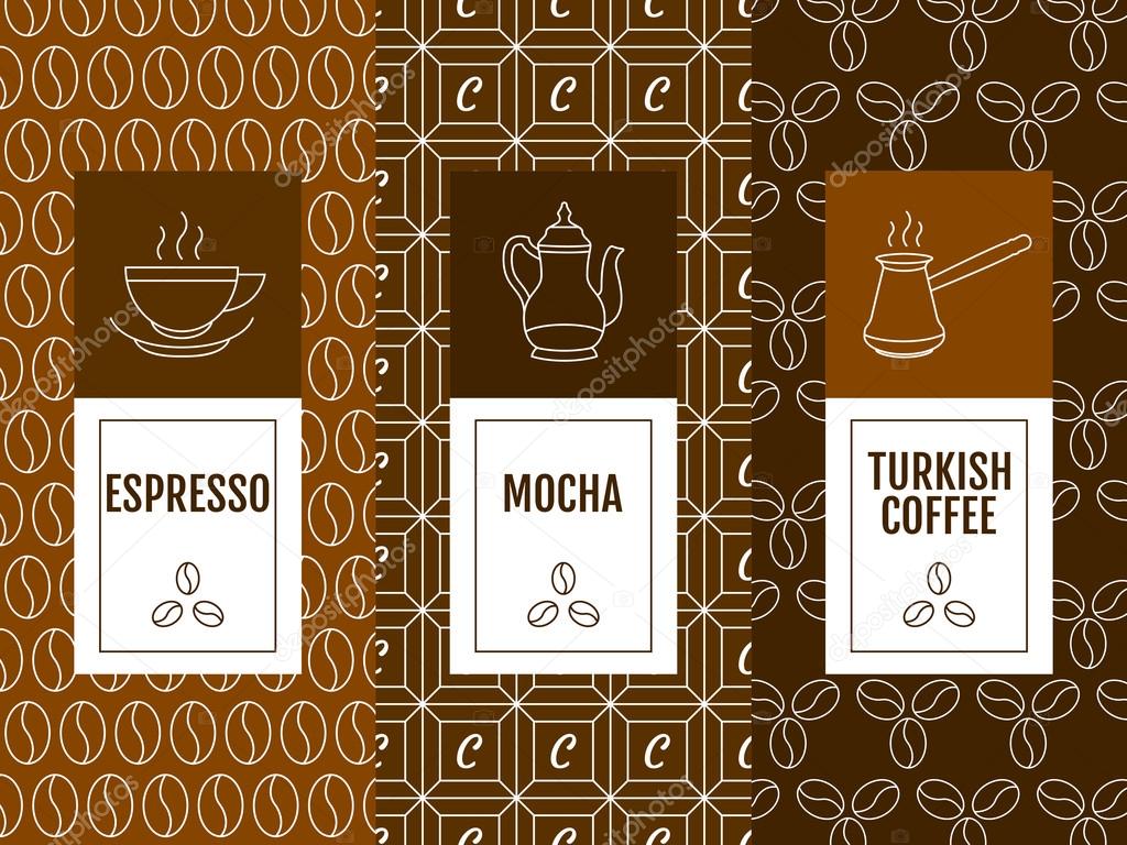 Vector set of design elements and icons in trendy linear style for coffee. Espresso, mocha, turkish coffee