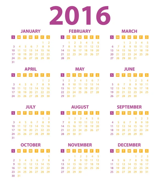 Calendario para el año 2016. Ilustración vectorial — Vector de stock