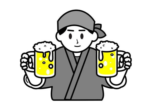 Joven Camarero Asiático Tiene Dos Cervezas —  Fotos de Stock