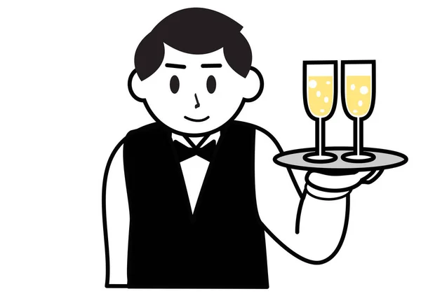 Young Waiter Has Two Champagne Glasses — Φωτογραφία Αρχείου