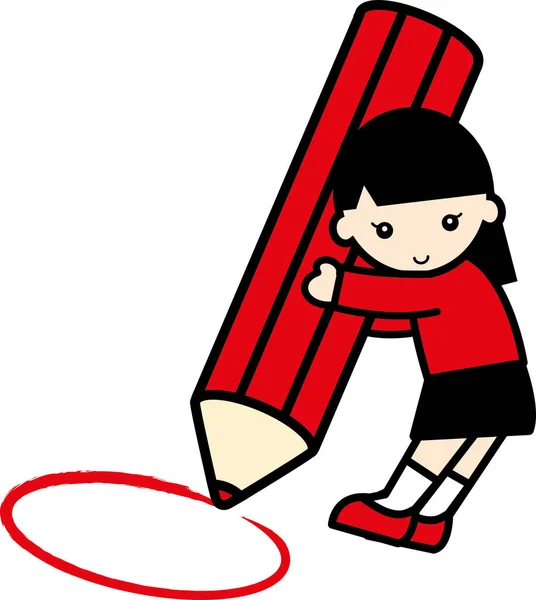 Een Klein Meisje Met Een Groot Rood Potlood — Stockfoto