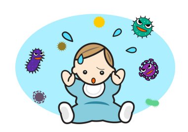 Etrafı patojenle çevrili, panikleyen bir bebek.