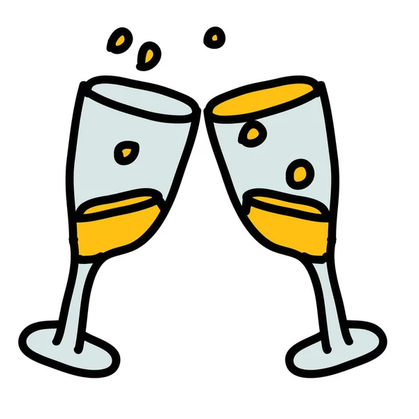 Célébration Champagne Verres Icône Dans Style Dessiné Main — Image vectorielle