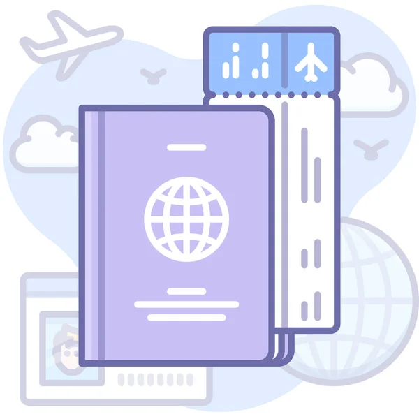 記入されたアウトラインスタイルでのフライトパスポートのチケットアイコン — ストックベクタ