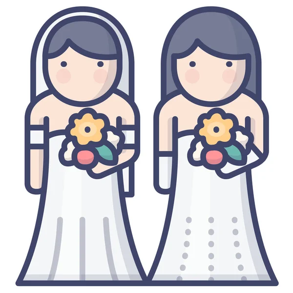 Braut Lesbische Ehe Ikone Ausgefüllten Outline Stil — Stockvektor
