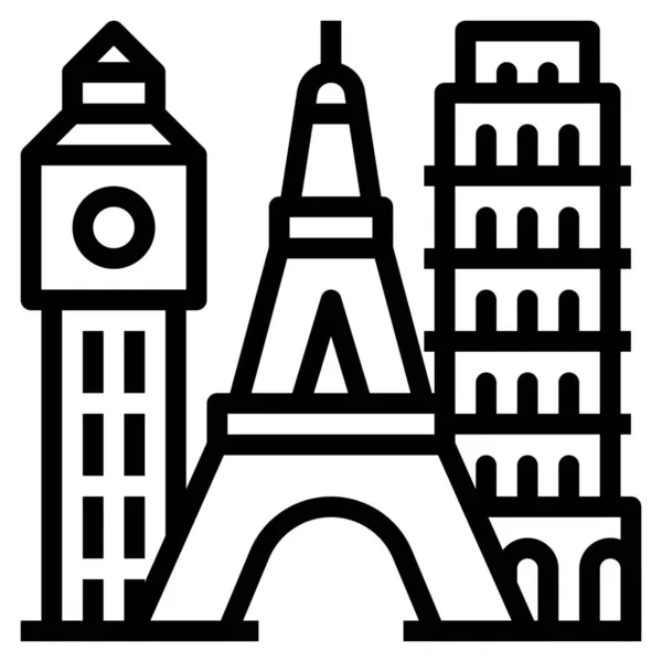 Bigben Eiffel Mérföldkő Ikon Körvonalazott Stílusban — Stock Vector