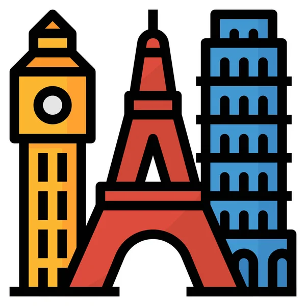 Bigben Eiffel Icono Hito Estilo Contorno Lleno — Vector de stock