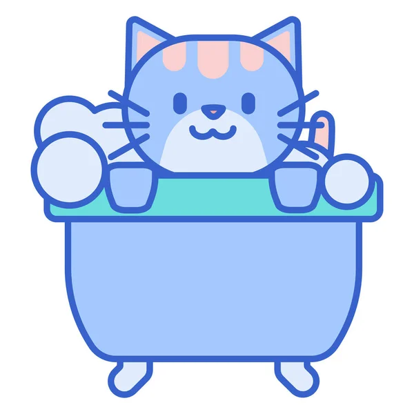 Gato Baño Icono Mascota Estilo Contorno Lleno — Vector de stock