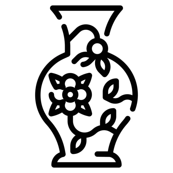 Vase Blume Porzellan Ikone Outline Stil — Stockvektor