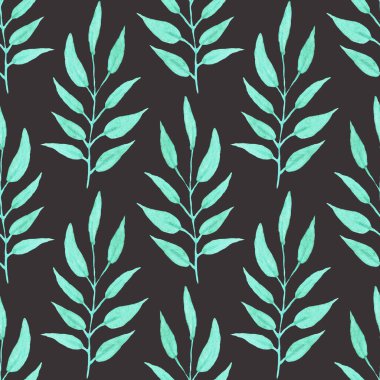 Suluboya yapraklı kusursuz botanik desen. Koyu kahverengi arka plan, parlak yeşil yapraklar.. 