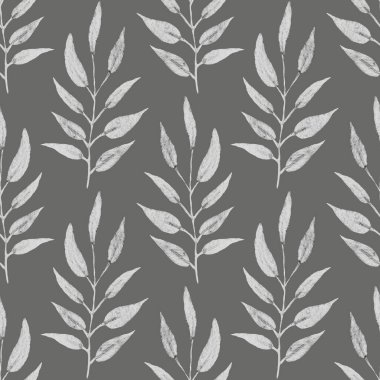 Suluboya yapraklı kusursuz botanik desen. Koyu gri arkaplan ve parlak gümüş yapraklar.. 