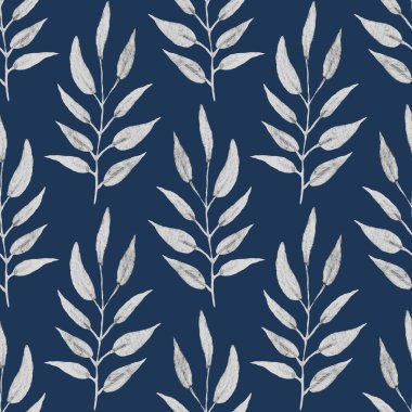 Suluboya yapraklı kusursuz botanik desen. Koyu kahverengi arka plan, parlak gümüş yapraklı.. 