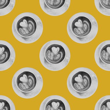 Kahve fincanlarıyla kusursuz yemek kalıpları. Açık sarı arkaplan. Suluboya gıda. Kahve sanatı. Latte, süt. Şık, modern model. El çizimi alışılmadık desen.