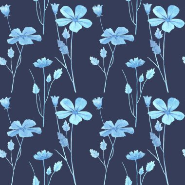 Suluboya kusursuz desen. Mavi yapraklı, dallı ve otlu botanik bahar arkaplanı. Çiçek tasarım elementleri. Davetiyeler, kartlar, tekstil, paketleme, kumaş için mükemmel.