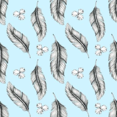 Tüy deseni. Duvar kağıdı, tekstil tasarımı, ambalaj, tekstil, kumaş için kusursuz doku. El çizimi