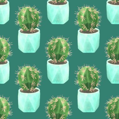 Kaktüslü, el yapımı dekoratif, pürüzsüz desen. Ev bitkileri, kaktüslerle dolu bir arka plan..