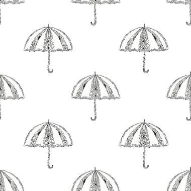 Beyaz arka planda şemsiyelerin kusursuz arkaplanı. Duvar kağıdı, tekstil tasarımı, ambalaj, tekstil, kumaş tasarımı. 