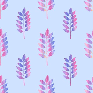 El çizimi suluboya botanik çizimi. Yapraklar ve bitkiler pürüzsüz desen. Duvar kağıdı, kumaşlar, tekstil tasarımı.