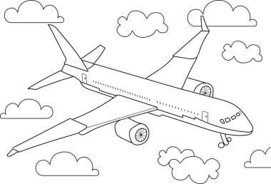 Çocuklar ve yetişkinler için el çizimi. Güzel çizimler. Uçakla, uçakla, bulutlarla renkli resimler. Vektör