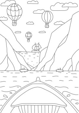 Çocuklar ve yetişkinler için el boyama sayfası. Vahşi doğa, deniz, dağlar, hava balonları ve tekne. Şablonları ve küçük detayları olan güzel bir çizim. Boyama resimleri. Vektör