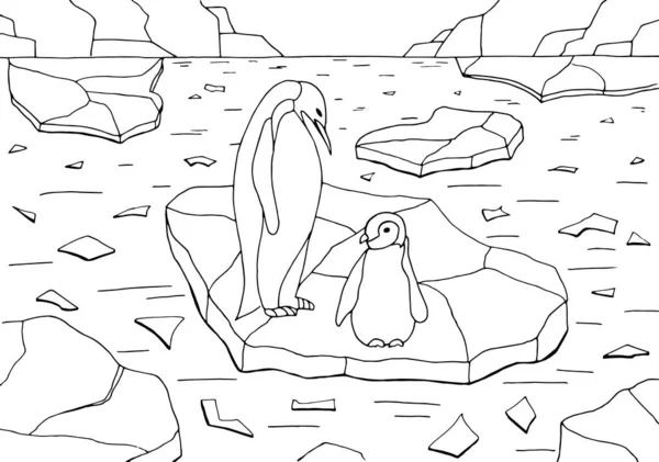 Ręczny Rysunek Kolorowanki Dla Dzieci Dorosłych Pingwiny Lodzie Północy Antarktydzie — Wektor stockowy