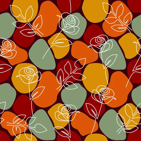 Nahtlos Abstraktes Blumenmuster Rose Eine Linie Zeichnung Auf Getupftem Hintergrund — Stockvektor